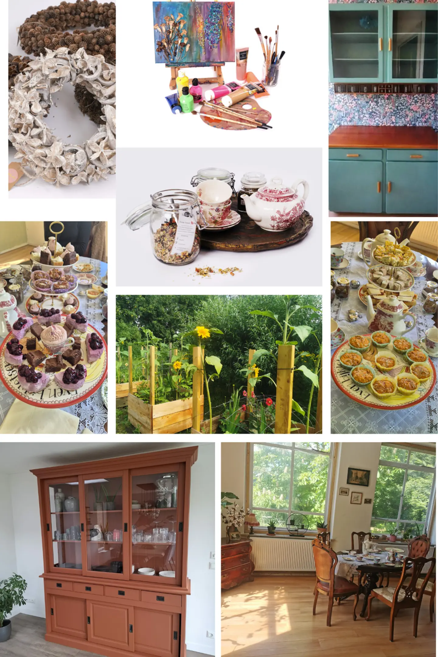 Fotocollage van de GroeiFabryk: kransen, schildermateriaal, opgeknapte kasten, high tea, planten en de binnenruimte